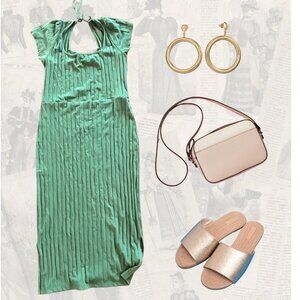 Amour Vert Modal Midi Dress - L- Neck Tie Detail  - Soft, Comfortable - EUC -Eco